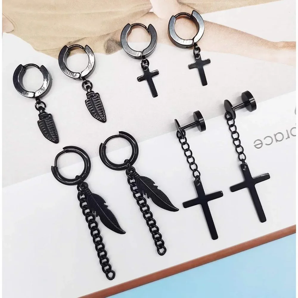 14 pairs Punk Black Hoop Dangle Stud Earrings
